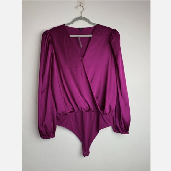 NWT Express Womens XL Suplice Bodysuit Long Sleeve Purple V Neck Top Faux Wrap - Picture 2 of 6